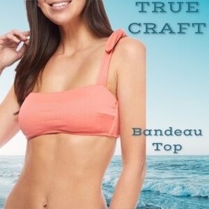 TRUE CRAFT Ribbed Shoulder-Tie-Strap Shelf Bra Bandeau Swim Top-Coral/XL NWT